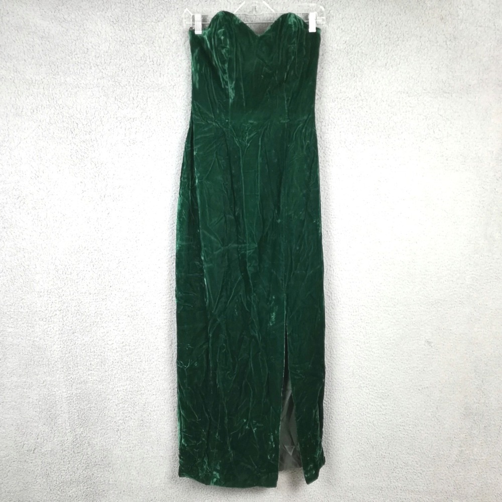 Vtg Flirtation Womens Dress Gown Strapless Green Velvet Column USA Side Slit XS